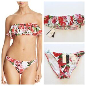 Milly Cabana Roses 2 PC Bikini Swimsuit Ruffle Bandeau White Red Small NWT
